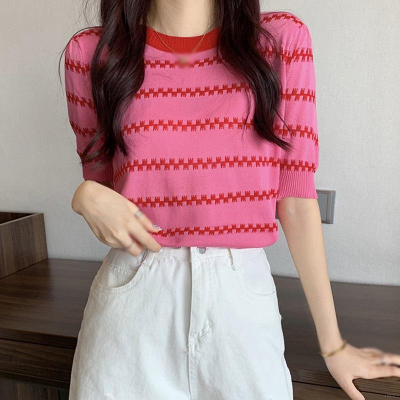 Áo thun dệt kim tay ngắn cổ tròn hoạ tiết kẻ sọc thiết kế dáng rộng thoải mái