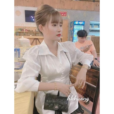 Áo sơ mi lụa khuy tay bồng nơ sau tôn dáng
