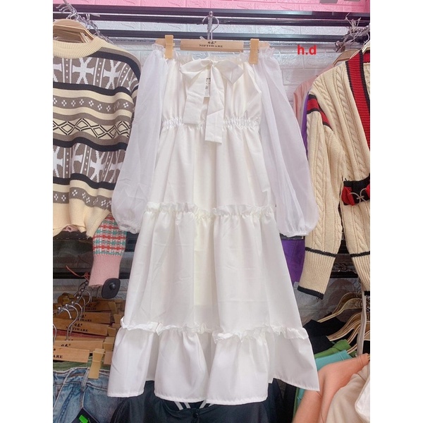 V023 Váy trắng trễ vai 2 lớp tay bồng nơ ngực dáng xòe bánh bèo công chúa Đầm tiểu thư lolita 2 tầng dự tiệc dễ thương