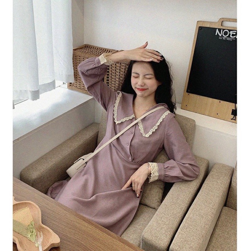 Váy cổ sen chéo ngực vải dạ nhung dày dặn VFF Ulzzang style 🌸Hàng Quảng Châu