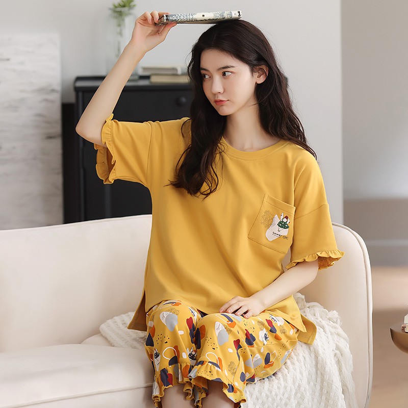 Đồ bộ nữ-Bộ mặc nhà quần lửng  style Hàn Quốc chất COTTON 100% thoáng mát ngày hè: Full size M-2XL