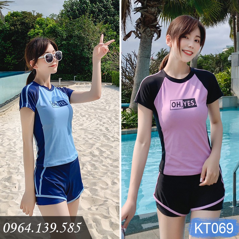 Bộ bơi nữ áo cộc tay, quần sooc đùi thể thao, đệm tròn dễ mặc, chất thun co giãn, dáng năng động, dấu bụng tốt | KT069