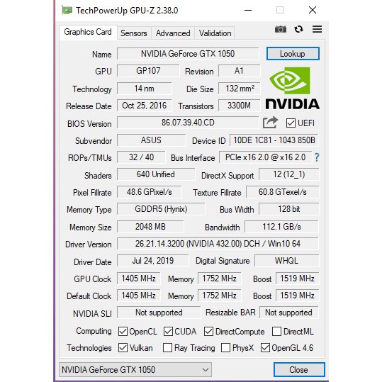 Card Đồ Họa Asus GTX1050 DUAL 2GB GDDR5 128bit