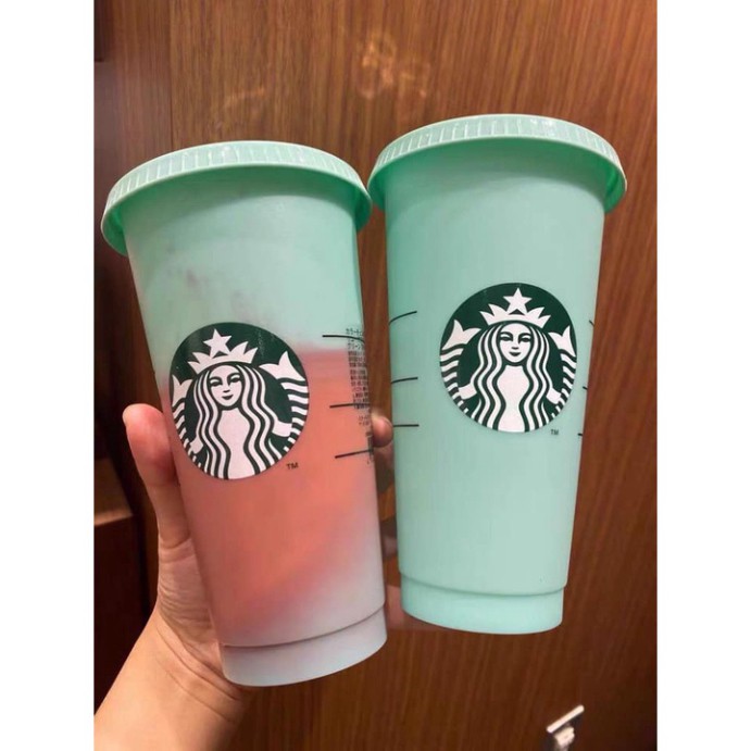 Sét 5 cốc nhựa Starbucks đựng nước đổi màu tặng kèm nắp và ống hút . .