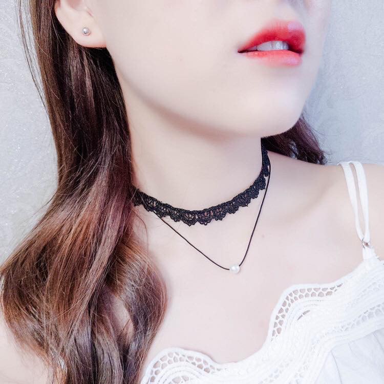 Vòng cổ choker ren phối dây đính hạt thời trang