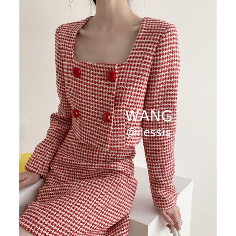 Set áo cổ vuông dài tay + chân váy họa tiết ca rô thời trang dành cho nữ | BigBuy360 - bigbuy360.vn