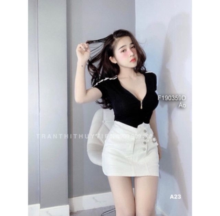 Áo thun lụa cổ dây kéo viền tay