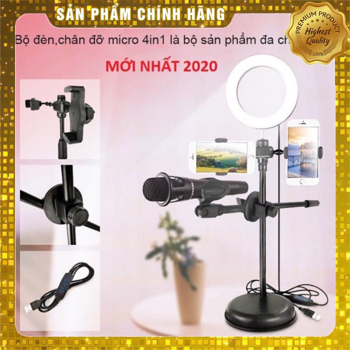 Đèn Livestream 4 in 1 Tích Hợp Giá Đỡ 2 Điện Thoại + 1 Micro, Có 3 Chế Độ Sáng, Kẹp Điện Thoại Để Bàn Quay Video