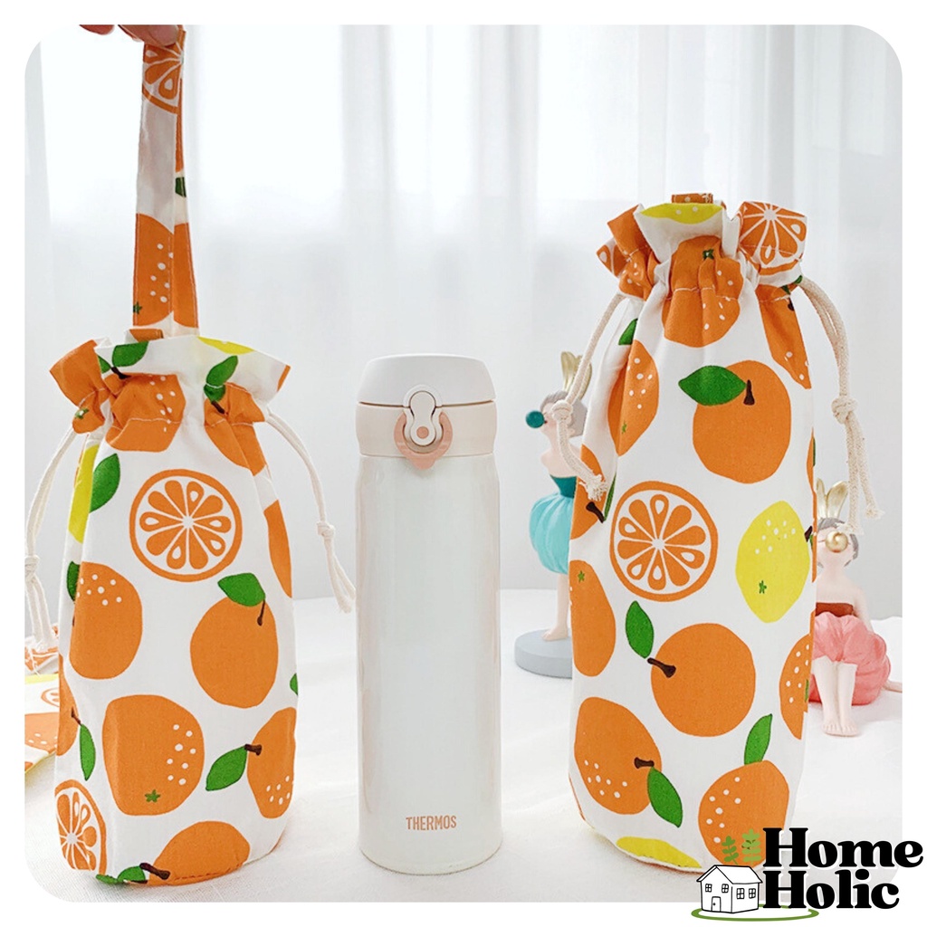 Túi Vải Quai Xách/ Dây Rút Bình Nước Giữ Nhiệt Bằng Vải Hoạ Tiết Caro Trái Cam Trắng Đen Lạ Mắt 500ml Home Holic