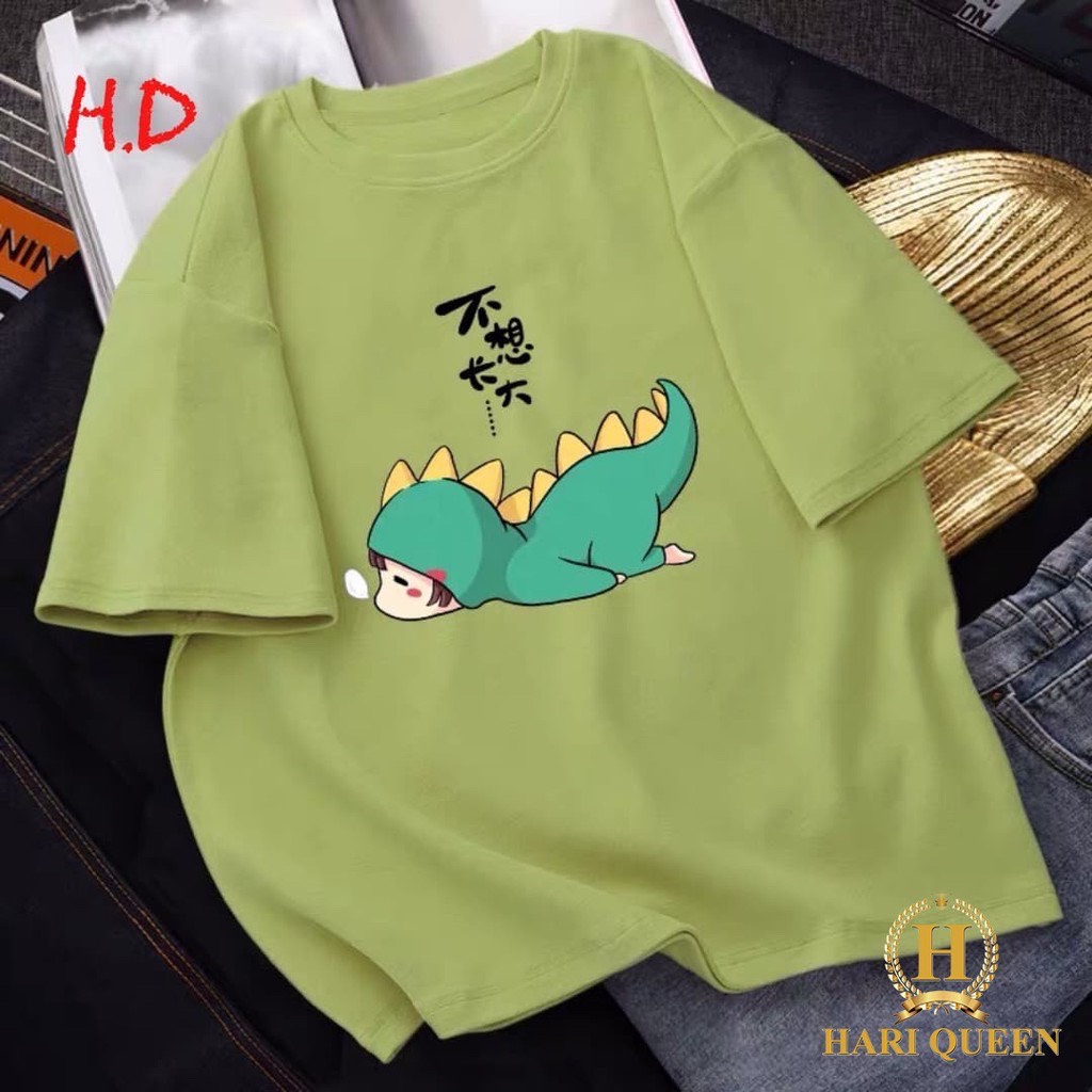 Áo thun tay lỡ form rộng in hình khủng long nằm sấp hot 2021
