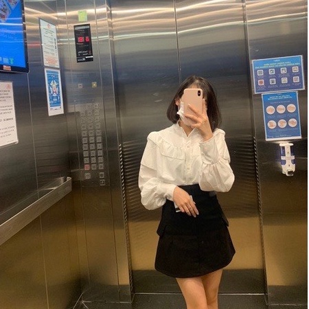 Áo sơ mi trắng kiểu phối hoạ tiết viền cổ tiểu thư chất liệu cotton thấm hút mồ hôi - A569