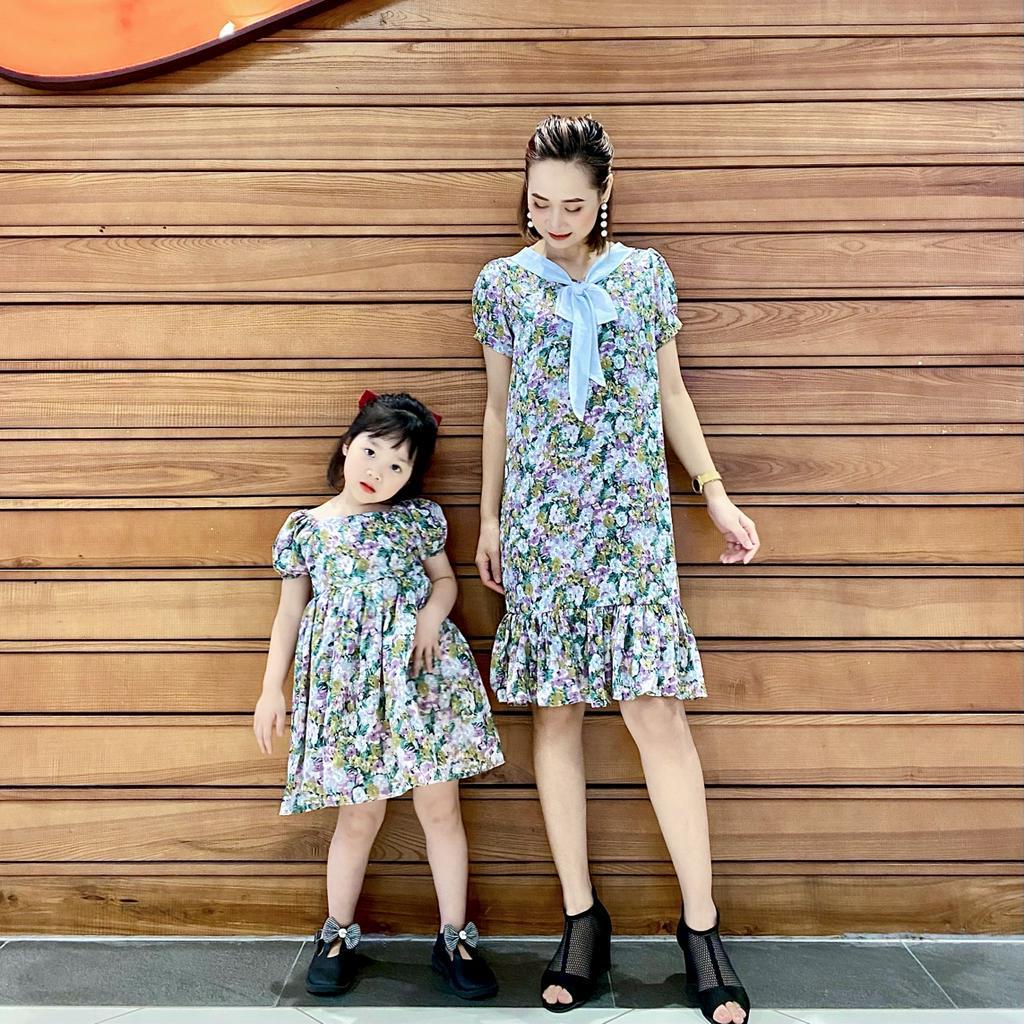 VÁY ĐÔI MẸ VÀ BÉ BUỘC NƠ MÀU XANH MÃ D4 [ YUMI'S KID ] ẢNH THẬT SHOP TỰ CHỤP