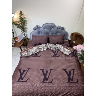 Bộ chăn ga gối poly cotton set 4 món, gồm 1 vỏ chăn 1ga 2 vỏ gối nằm mẫu LV chấm nâu