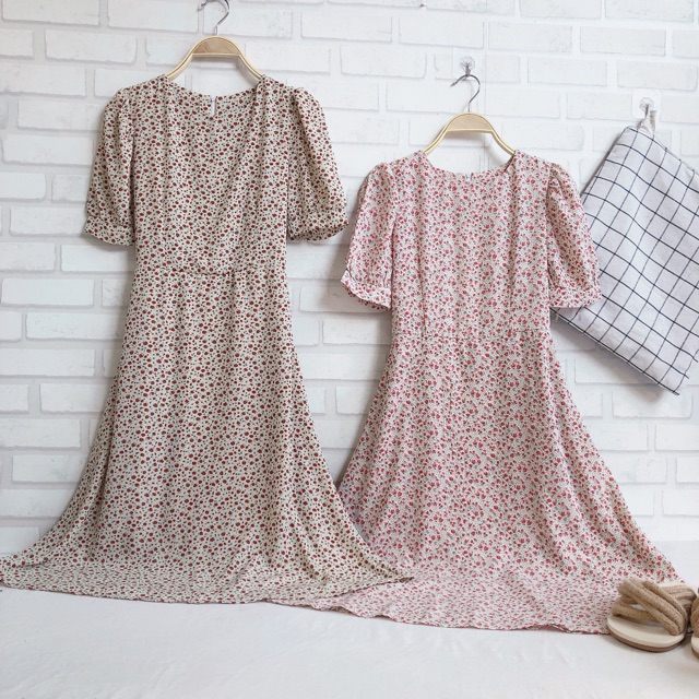 Váy hoa nhí vintage cổ tròn ngắn tay dáng dài qua gối Ulzzang style🌸 Hàng Quảng Châu | BigBuy360 - bigbuy360.vn