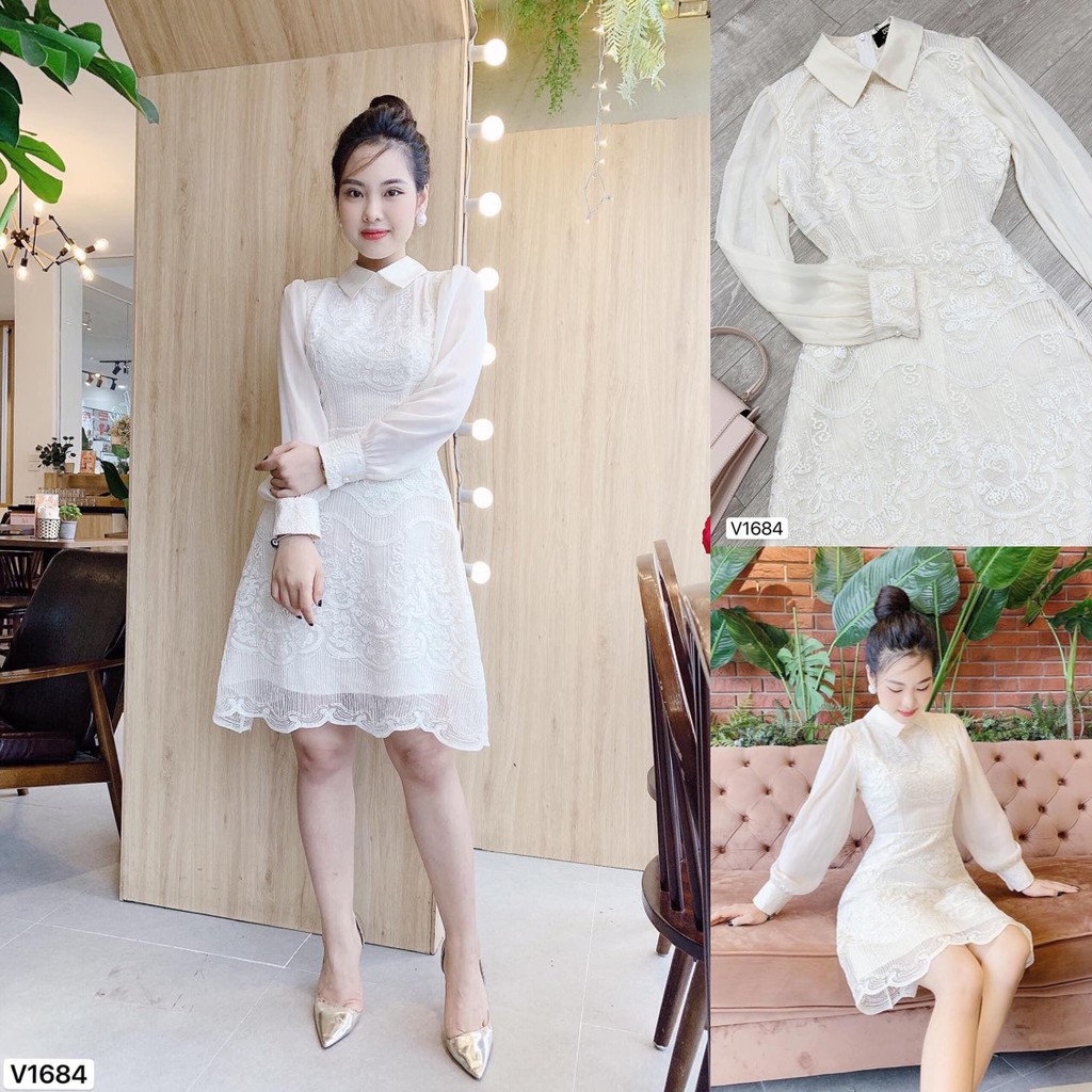 Đầm nữ váy trắng 💗 Đẹp DVC 💗 Váy ren kem tay dài cổ đức V1684