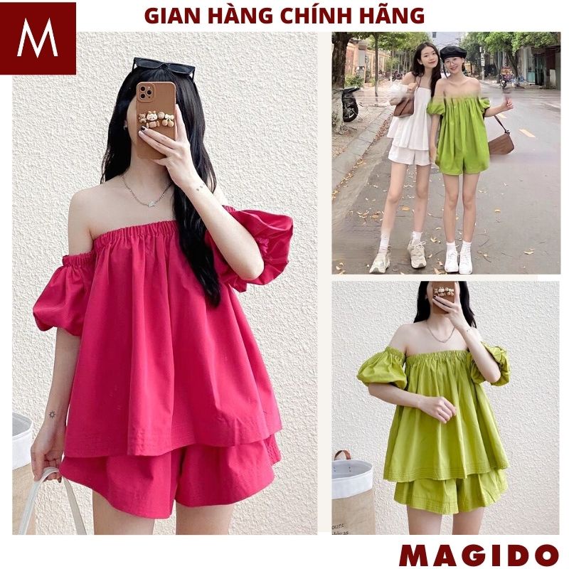 Set áo Trễ Vai Nữ Tay Bồng Kèm quần short chất thô mềm- áo babydoll nữ quần sooc ống rộng tiểu thư bánh bèo -MAGIDO