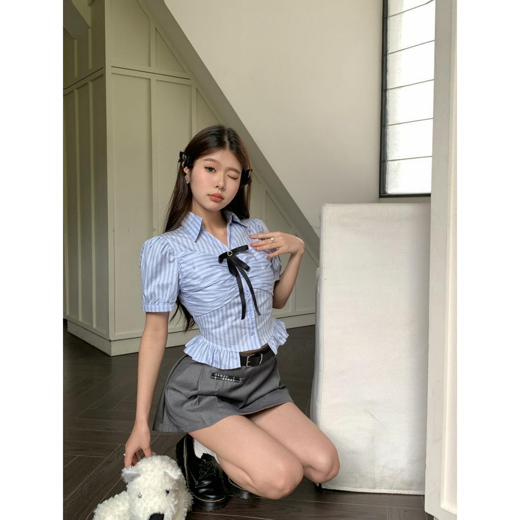 Bộ Áo Sơ Mi Thắt Nơ Eo + Chân Váy Xếp Ly Thời Trang Phong Cách Hàn Quốc Cho Nữ