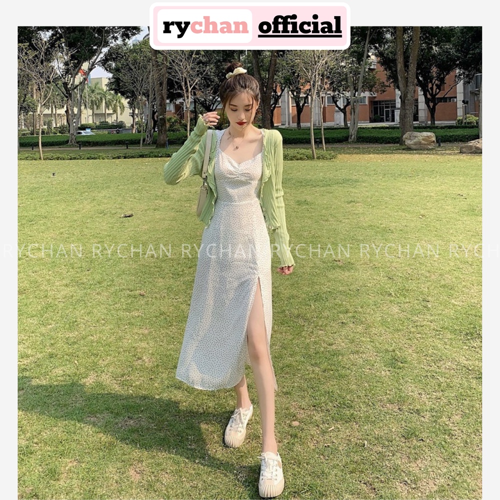 Đầm Đi Biển Xòe Bi Nhí Xẻ Tà Nhún Ngực Lót Trong Dày Dặn - DX810