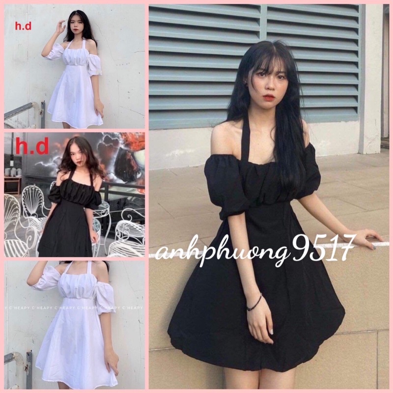 Váy đầm nữ cổ yếm buộc dây trễ hở vai nhún ngực màu đen, trắng dáng chữ A, xòe ngắn mini freesize sexy hàn quốc