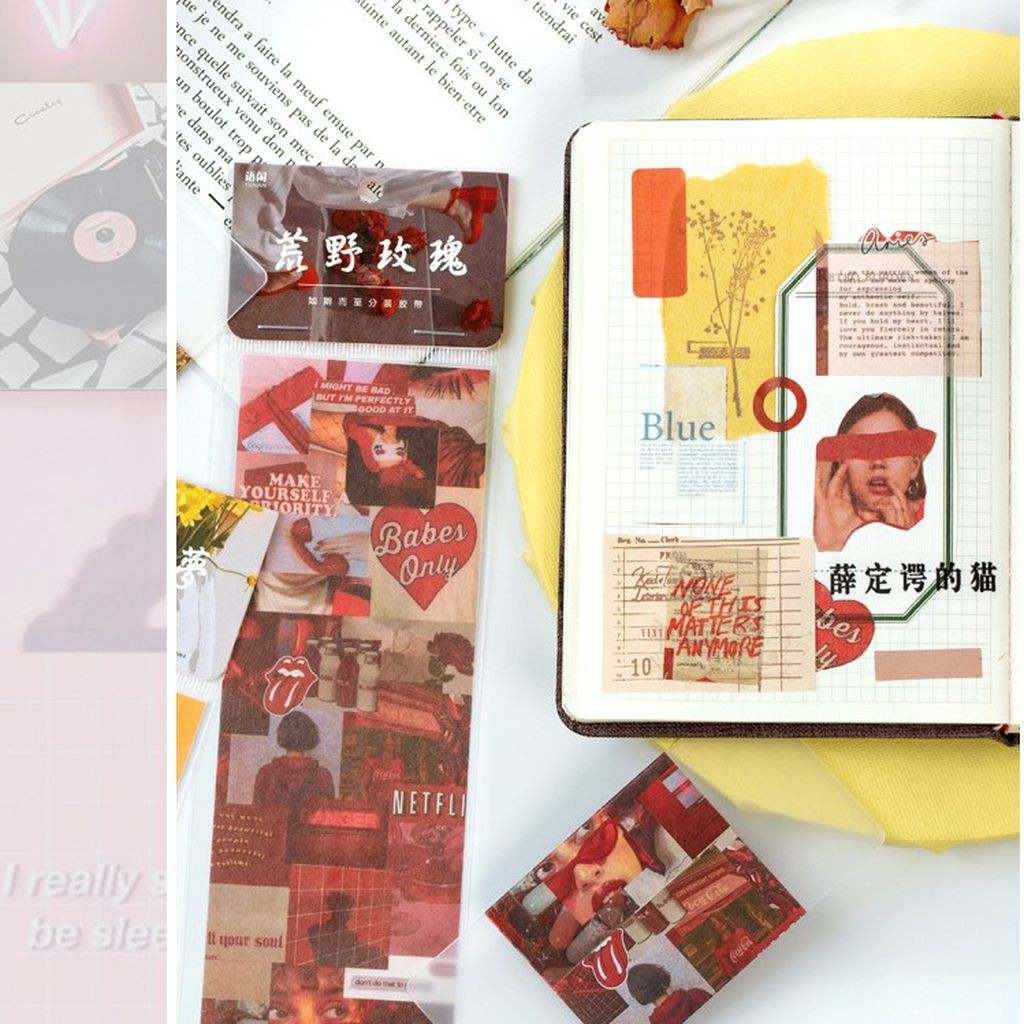 Sticker vintage hoa hướng dương và phong cảnh bầu trời phong cách retro trang trí sổ tay, nón bảo hiểm, bullet journal