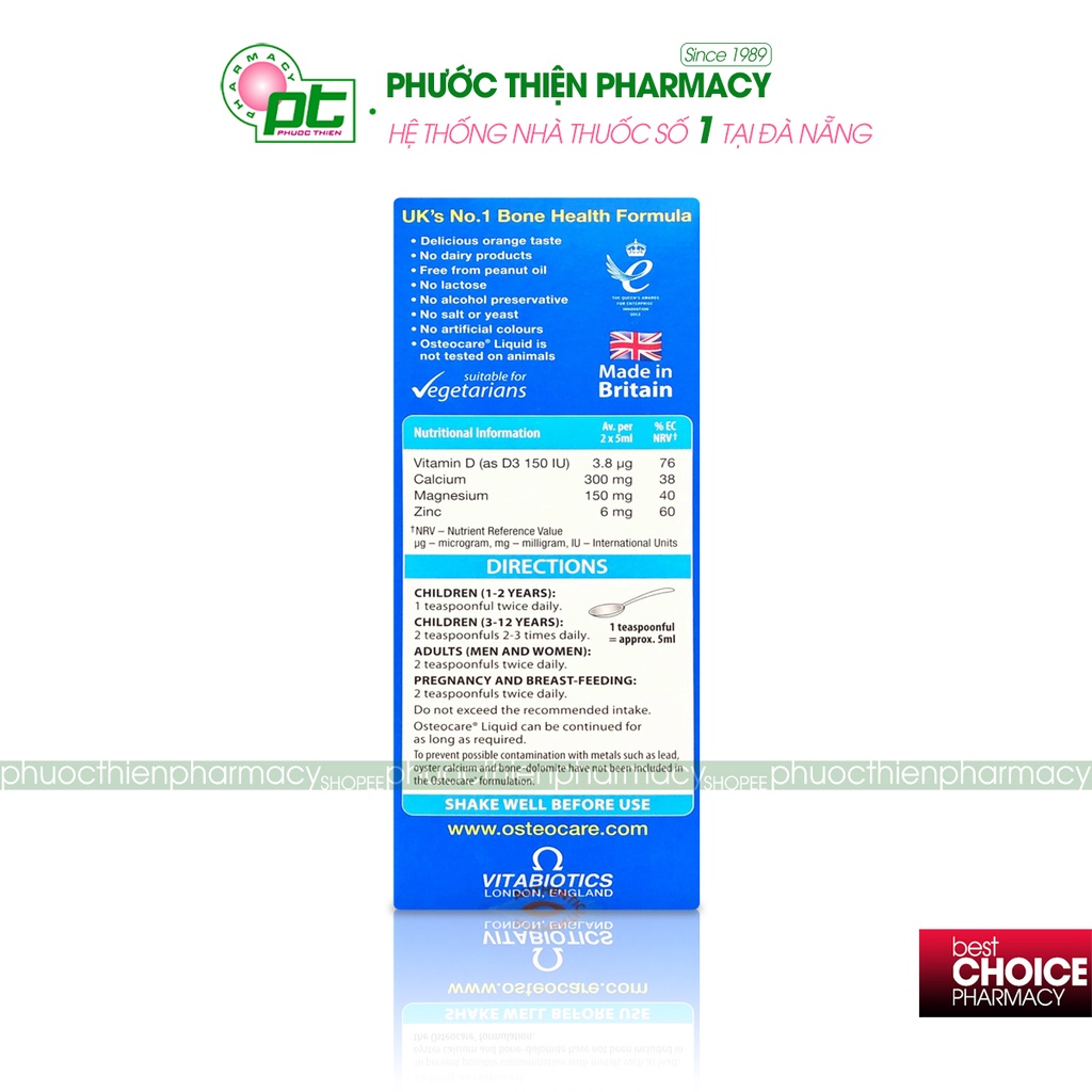 Siro Canxi d3 dạng nước giúp bổ xương, tăng chiều cao cho bé Osteocare Liquid Original Syrup 200ml