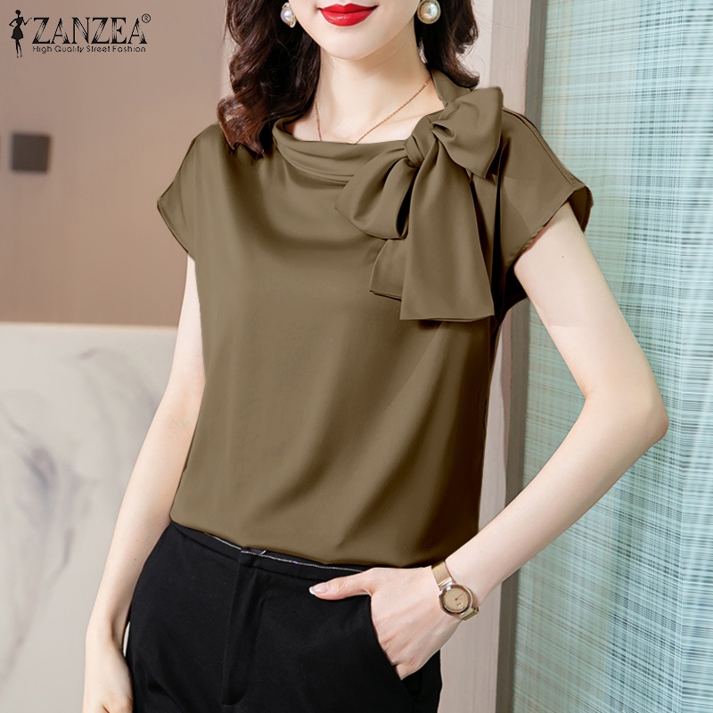 Zanzea Áo Sơ Mi Tay Ngắn Vải Satin Màu Trơn Thắt Nơ Thời Trang Cho Nữ