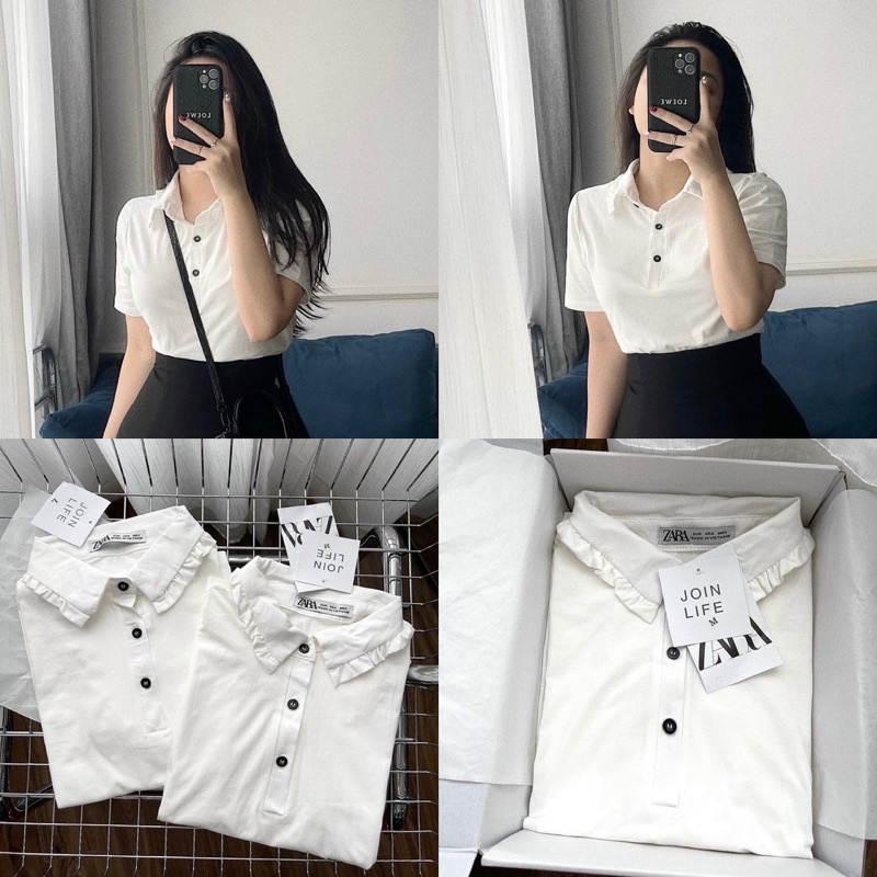 Áo polo trắng cổ viền bèo (kèm ảnh thật)