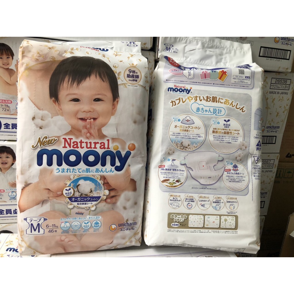 Bỉm dán/quần Moony Natural cao cấp Nội địa Nhật size NB63/S58/M48/L38/XL32