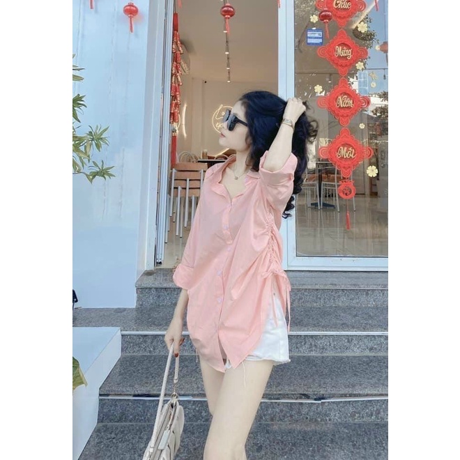 Set áo hồng rút eo + quần đùi trắng hot girl sành điệu