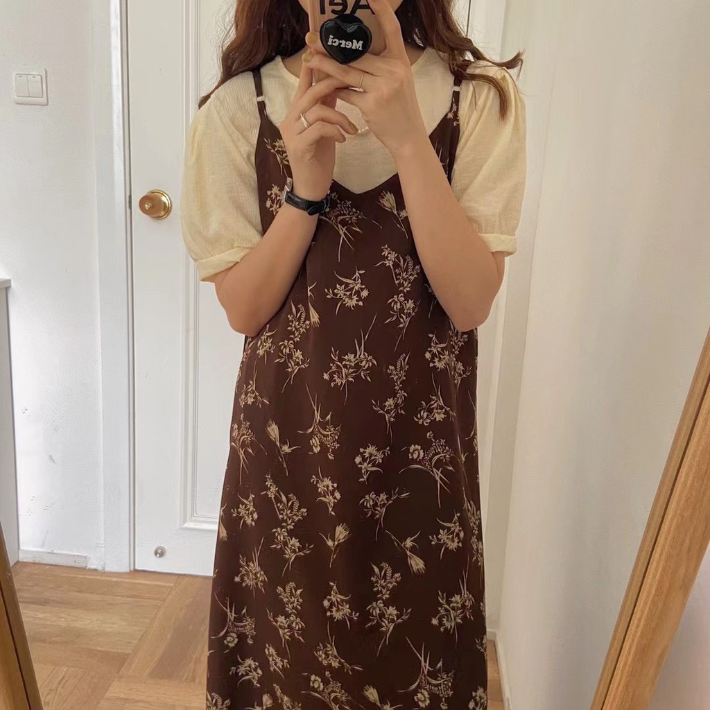 Váy hai dây hai lớp hoạ tiết vintage   Ulzzang 🌸 Hàng Quảng Châu