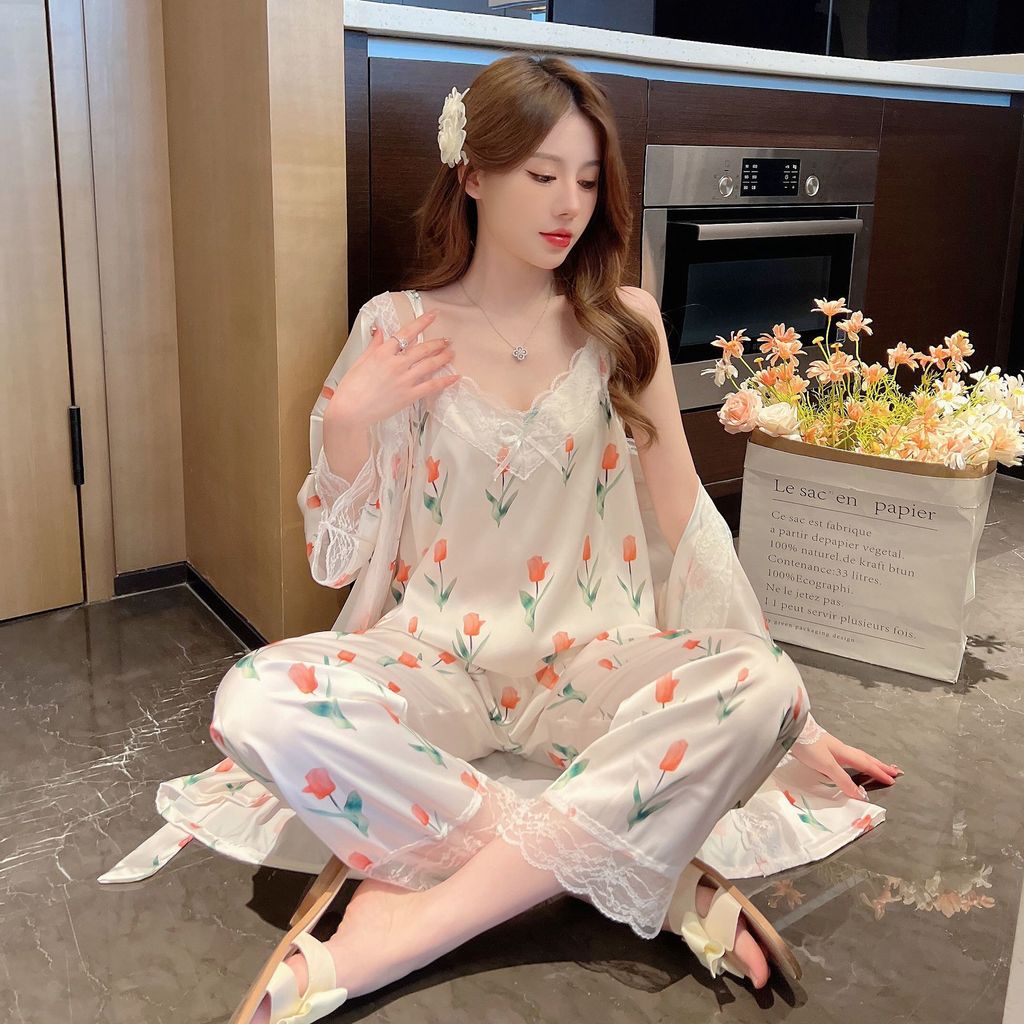Bộ Đồ Ngủ Lụa Ba Mảnh Tay Dài Phong Cách Hàn Quốc Gợi Cảm Hàng Mới 2022