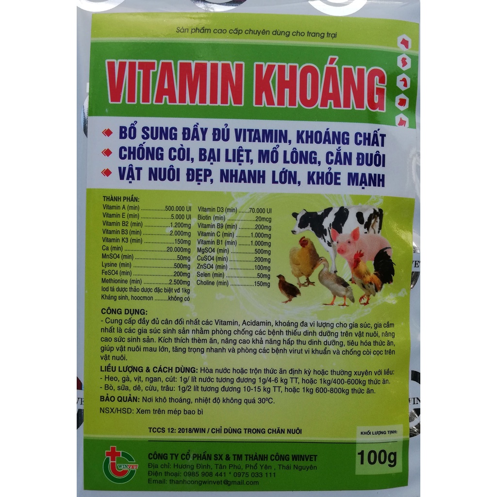 1 gói VITAMIN KHOÁNG 100g Bổ sung đầy đủ vitamin, khoáng chất cho vật nuôi