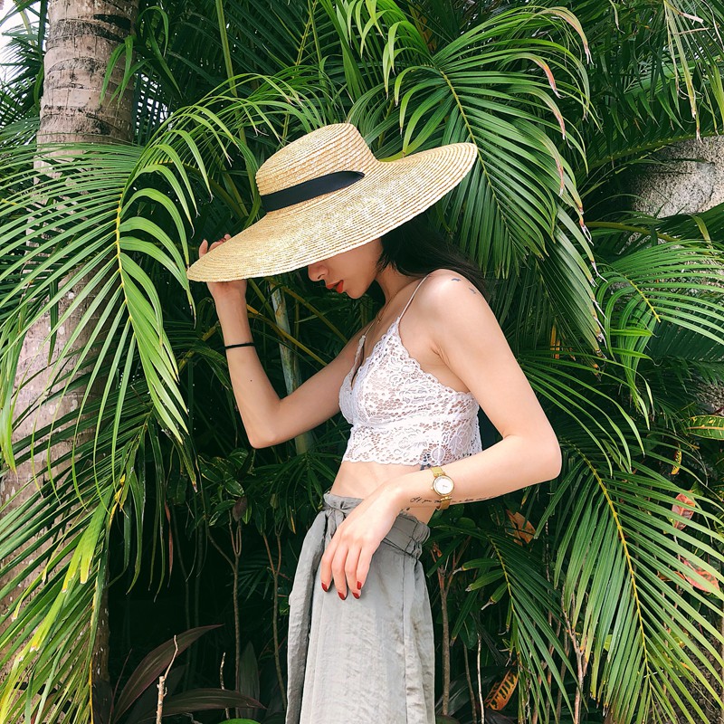 Mũ cói loại xịn size to dây nơ đen phom cứng vintage M19-08