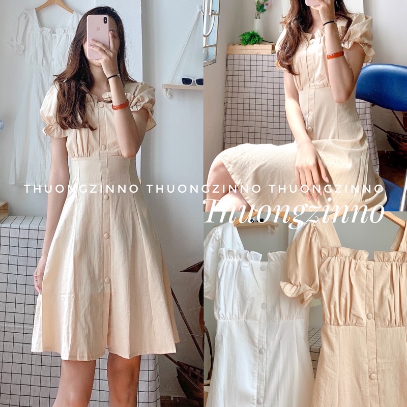 Váy cúc bọc Laly thiết kế trẻ trung mặc được hai kiểu Đầm ulzzang trễ vai