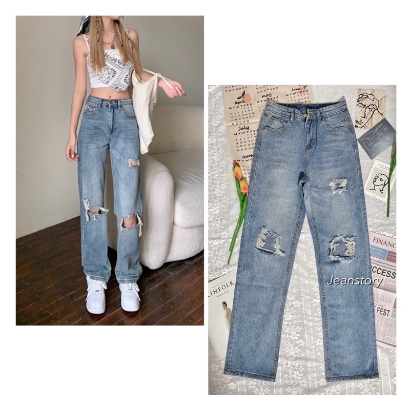 Quần Cici Jeans Ống Suông Rách Gấu Tôn Dáng
