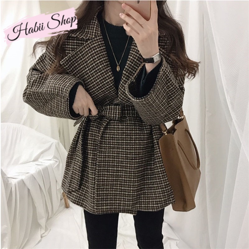 Áo khoác dạ nữ Hàn Quốc dáng ngắn - Áo dạ kẻ caro nữ HABII AD02 | BigBuy360 - bigbuy360.vn