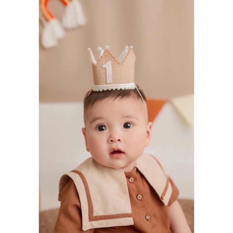 Vương miện bằng vải cói chóp bông cho bé phong cách Hàn Quốc