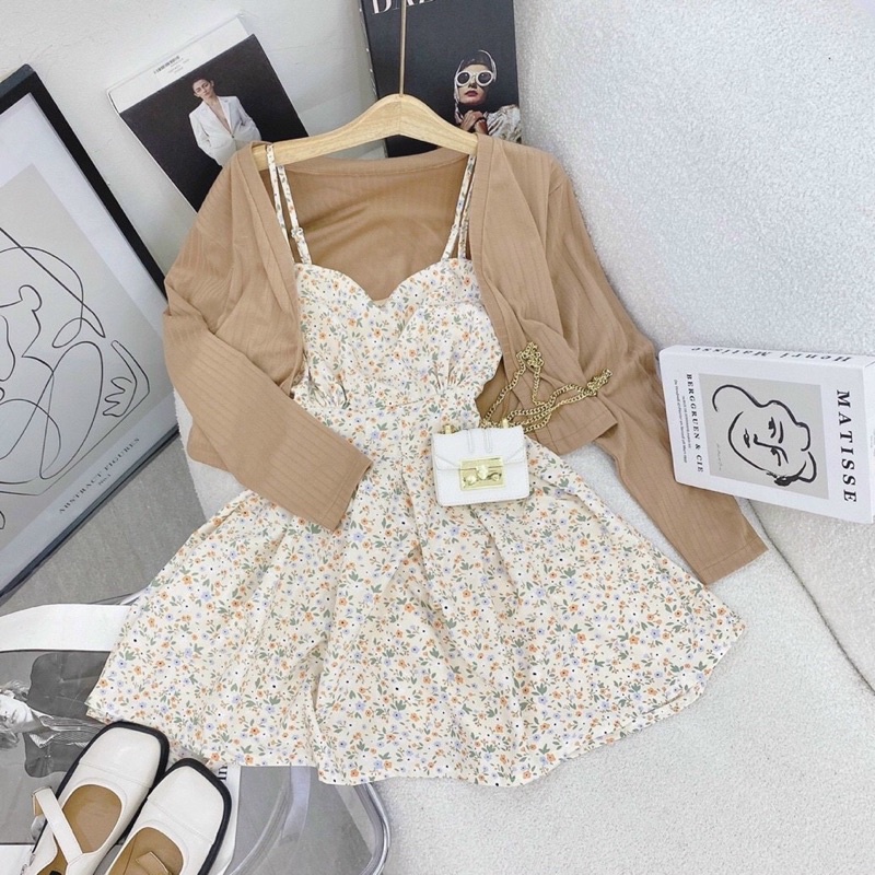 SET Đầm 2 dây hoa nhí tùng xòe kèm Áo khoác màu nâu NÀNG CLOSET