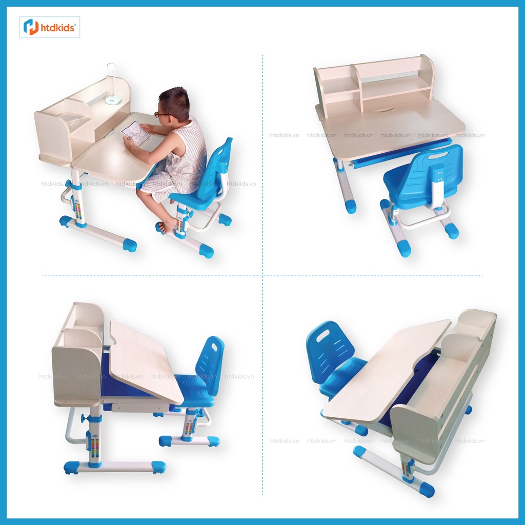 (Tặng Đèn học tích điện) Bộ bàn ghế học sinh tăng giảm chiều cao chống gù thông minh cho bé HTDkids DX878 (Size 80CM)