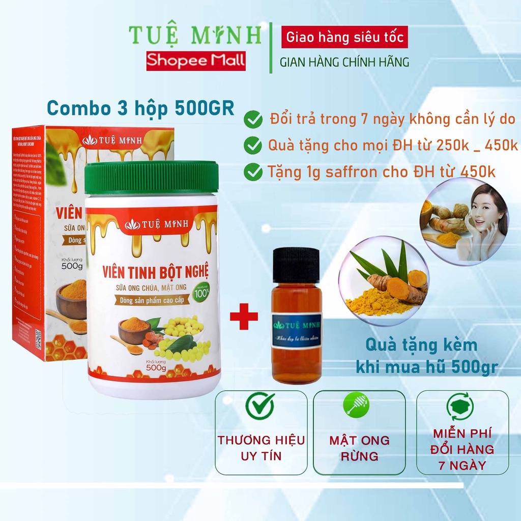 Viên tinh bột nghệ mật ong Tuệ Minh 3 hộp loại 500gr như hình hàng chính hãng (1,5kg)