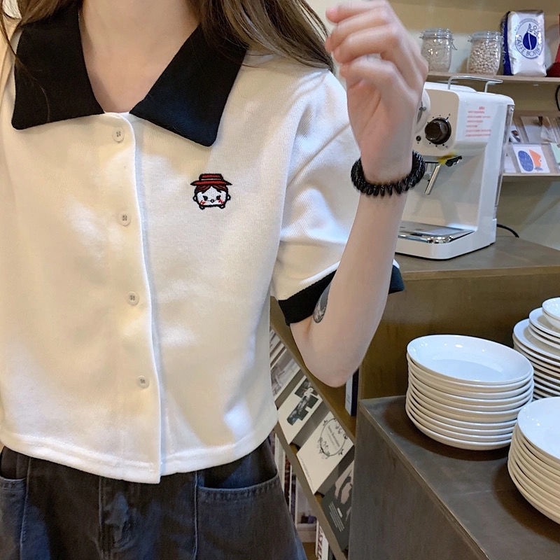 Spot short-sleeved T-shirt T-shirt female 2021 new Japanese cute college style girl polo shirt lapel white T-shirt top with cotton short sleeves