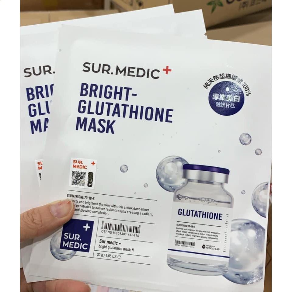 Mặt nạ dưỡng căng bóng [Trắng da 100%-Hàng Auth] Hộp 10 miếng mặt nạ dưỡng trắng Sur Medic Bright Glutathione Mask