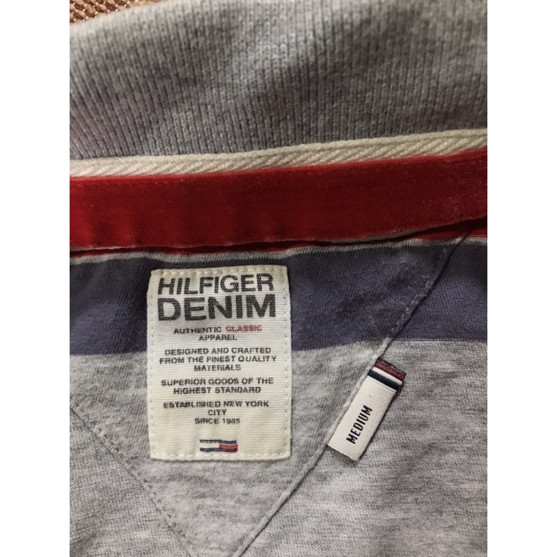 Áo thun ngắn tay có cổ Tommy Hilfiger màu xám sọc ngang size M