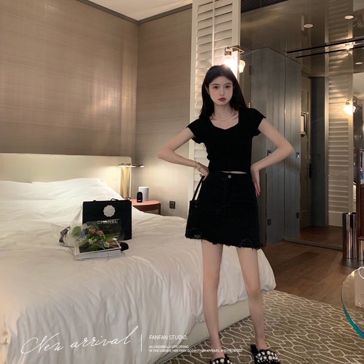 Áo croptop dệt kim SUXI tay ngắn màu trơn thời trang mùa hè dành cho nữ