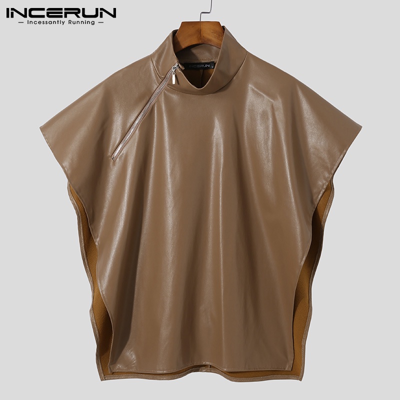 Áo INCERUN bằng da tay áo cánh dơi màu trơn kiểu dáng rộng rãi có dây khoá kéo thời trang cho nam