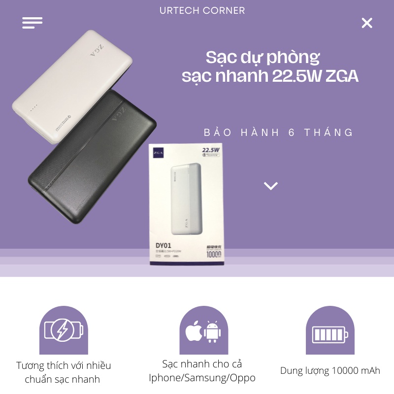 Pin sạc dự phòng iphone mini hỗ trợ sạc nhanh PD 22.5W 10000mAh ZGA DY01