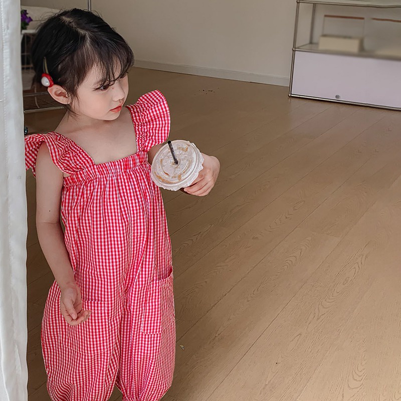 Jumpsuit Tay Cánh Tiên Họa Tiết Ca Rô Phong Cách Hàn Quốc Dành Cho Bé Gái