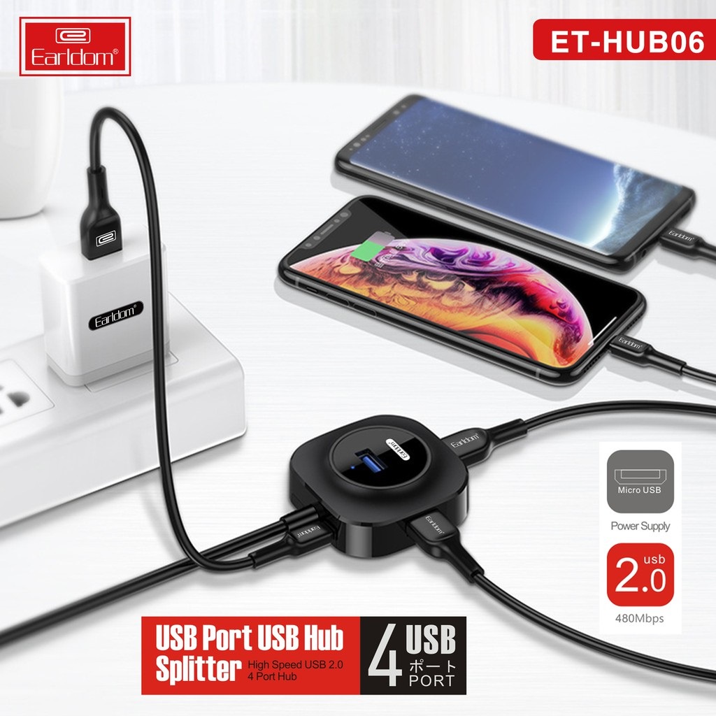 Hub USB 4 cổng Earldom HUB-06 - Bộ chia USB 1 ra 4 - Hàng Chính Hãng bảo hành 12 tháng