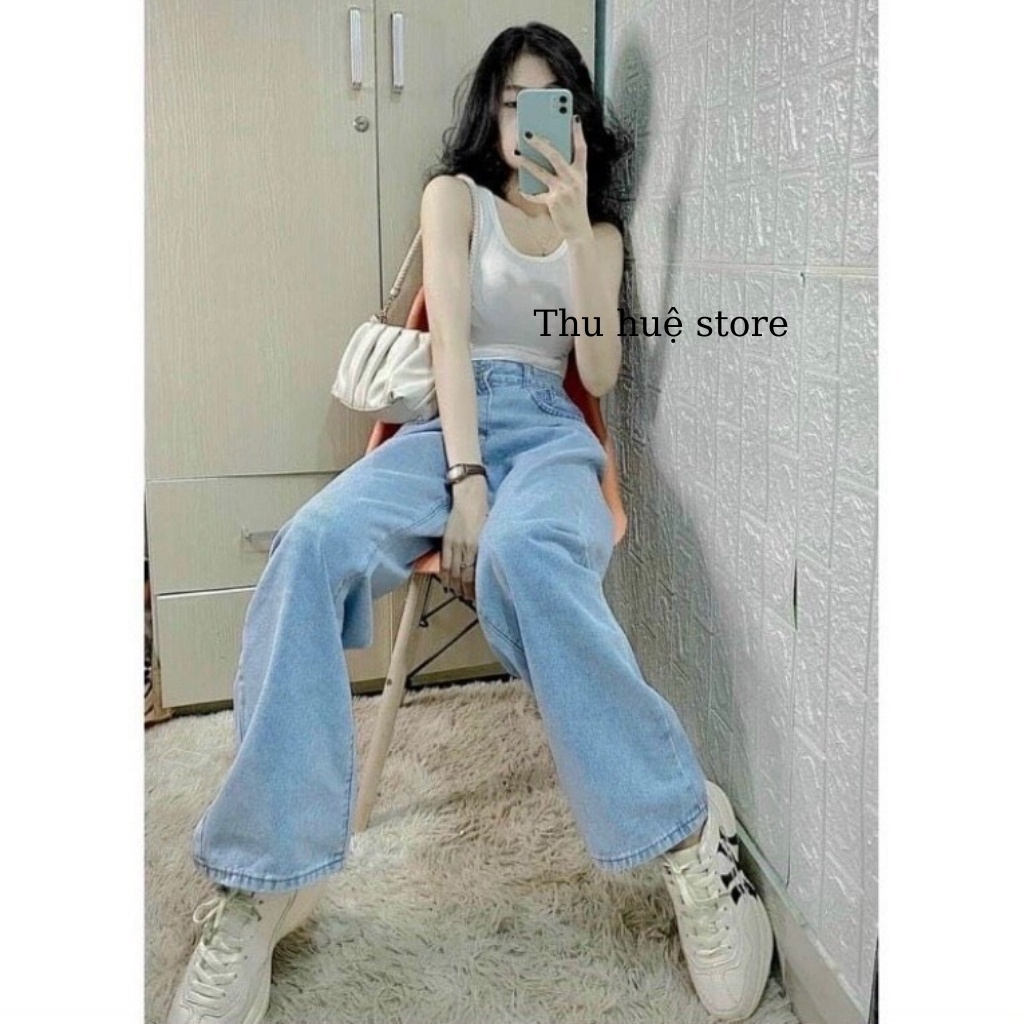 Quần Jean Ống Rộng SIMPLE JEAN Unisex-Chất Liệu Jean Không Giãn,Màu Xanh Nhạt