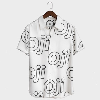 Áo sơ mi họa tiết Multi Oji Logo trắng Nam Nữ vải lụa Twill cao cấp thoáng mát, form rộng thời trang
